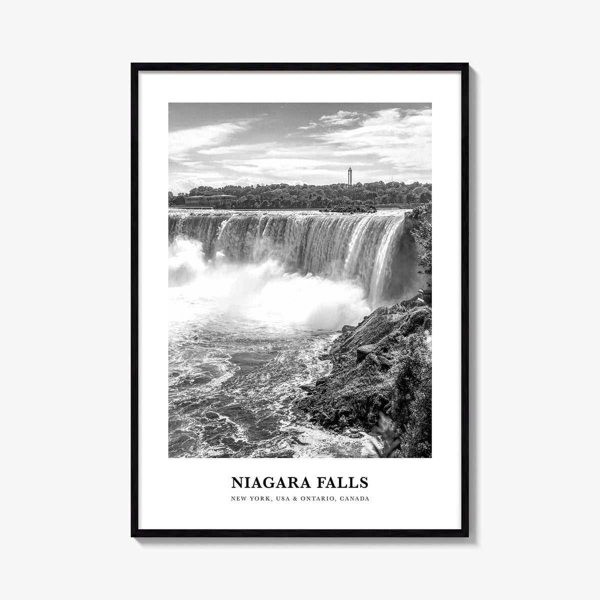 Niagara Falls black & white classic poster of North America – vertical wall art, unframed print shown in interior mockup