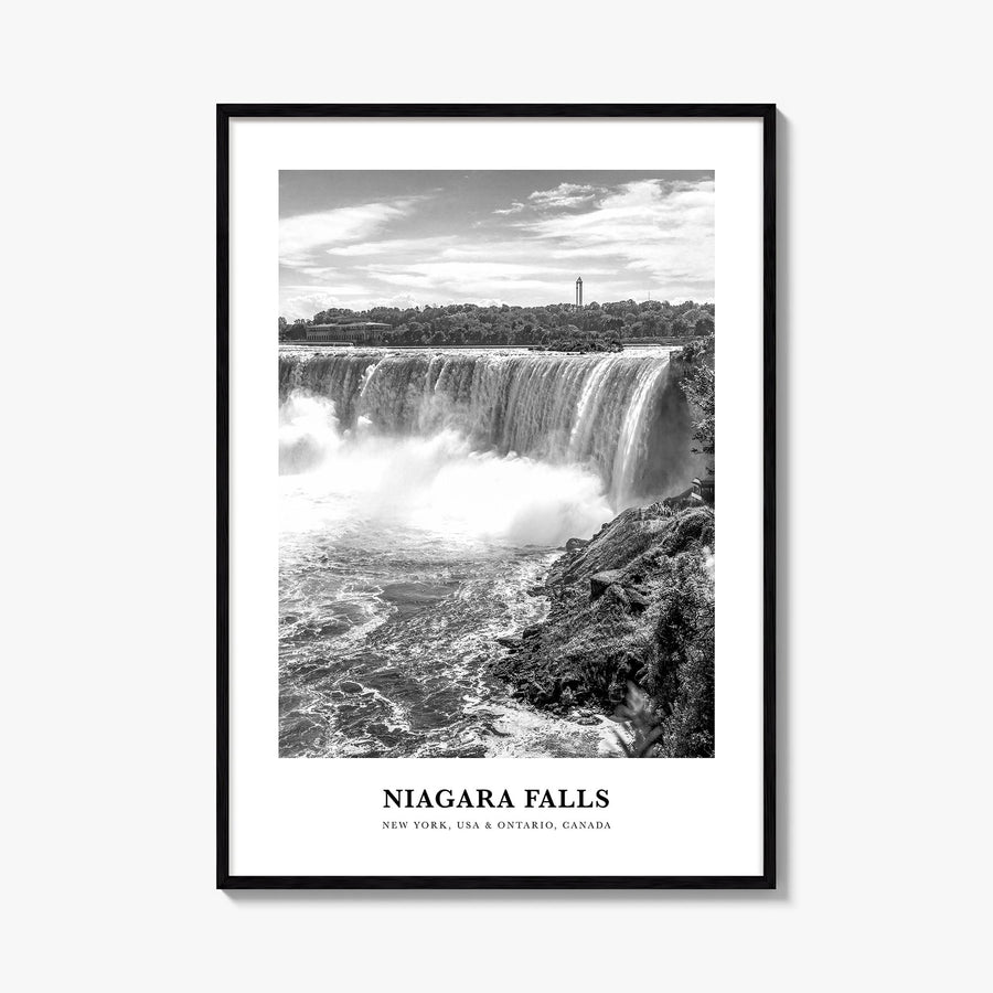 Niagara Falls black & white classic poster of North America – vertical wall art, unframed print shown in interior mockup