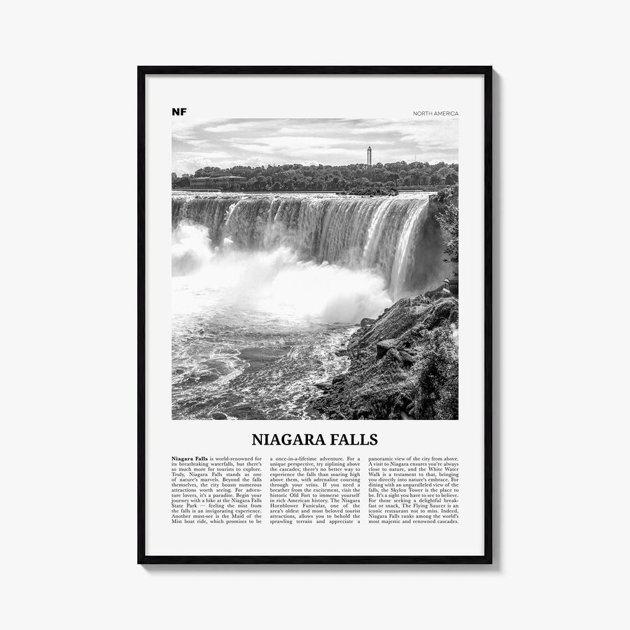 Niagara Falls no. 2 black & white newspaper poster of North America – vertical wall art, unframed print shown in interior moc