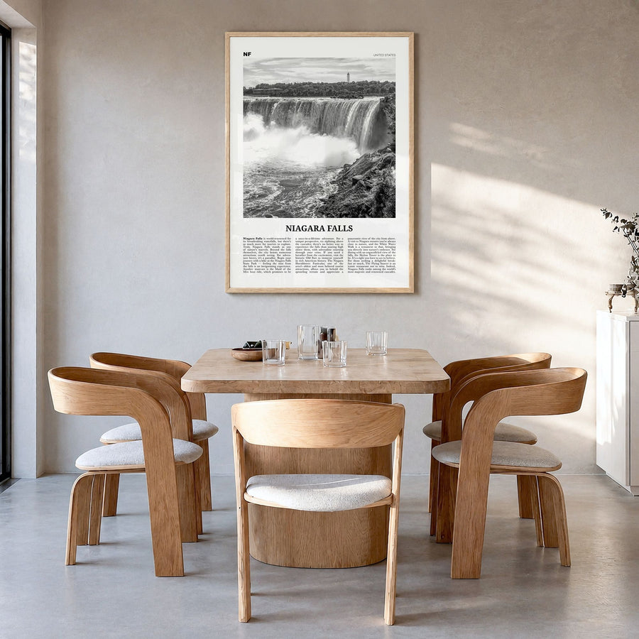 Niagara Falls, United States Newspaper Poster in a natural wood frame, hanging in a dining room