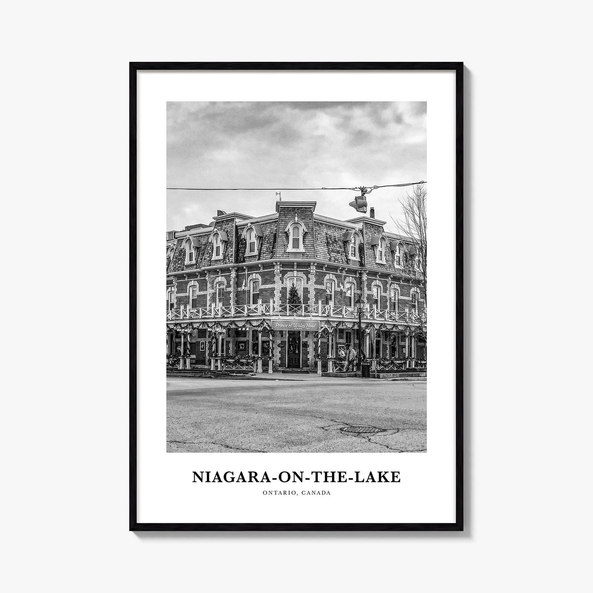 Niagara-on-the-Lake black & white classic poster of Ontario, Canada – vertical wall art, unframed print shown in interior moc