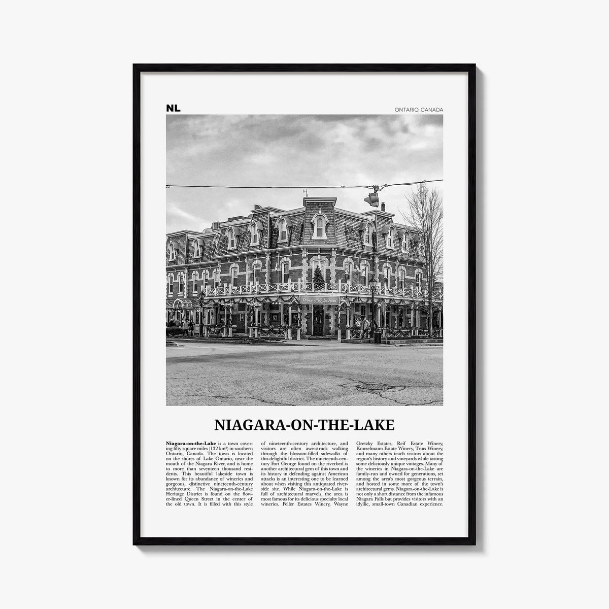 Niagara-on-the-Lake black & white newspaper poster of Ontario, Canada – vertical wall art, unframed print shown in interior m