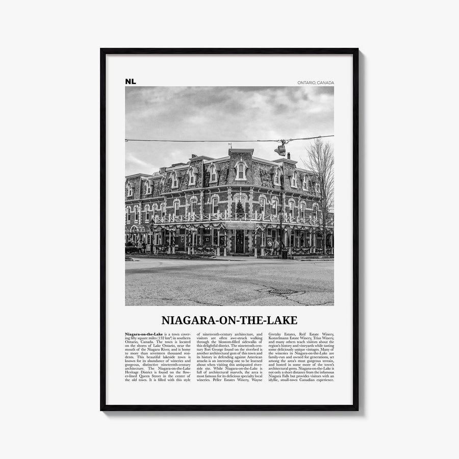 Niagara-on-the-Lake black & white newspaper poster of Ontario, Canada – vertical wall art, unframed print shown in interior m