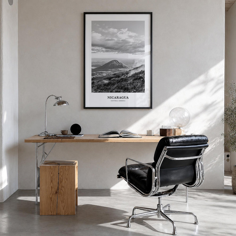 Nicaragua black & white classic poster of Central America – vertical wall art in black wood frame, hanging on wall
