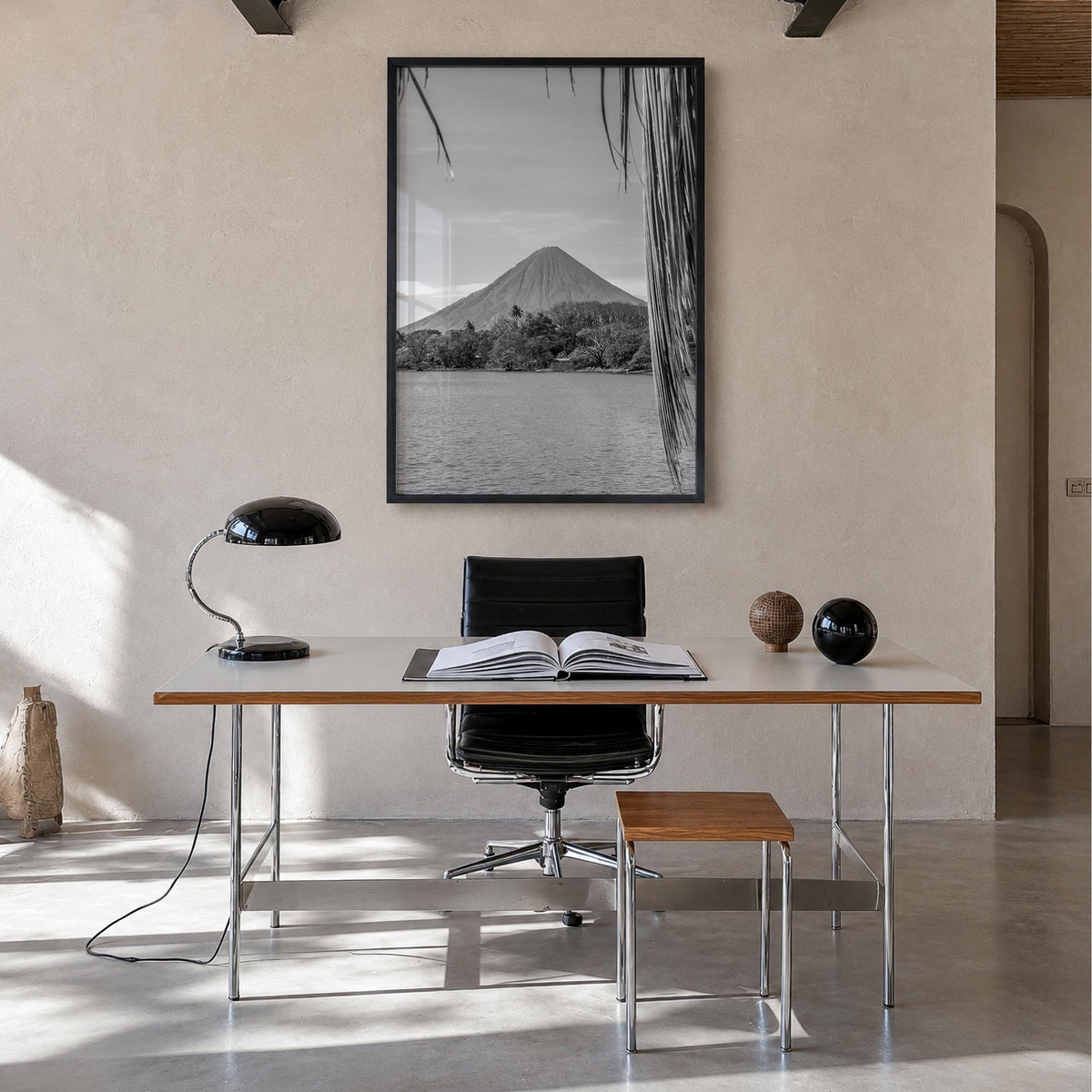 Nicaragua black & white photo poster of Central America – vertical wall art in black wood frame, hanging on wall