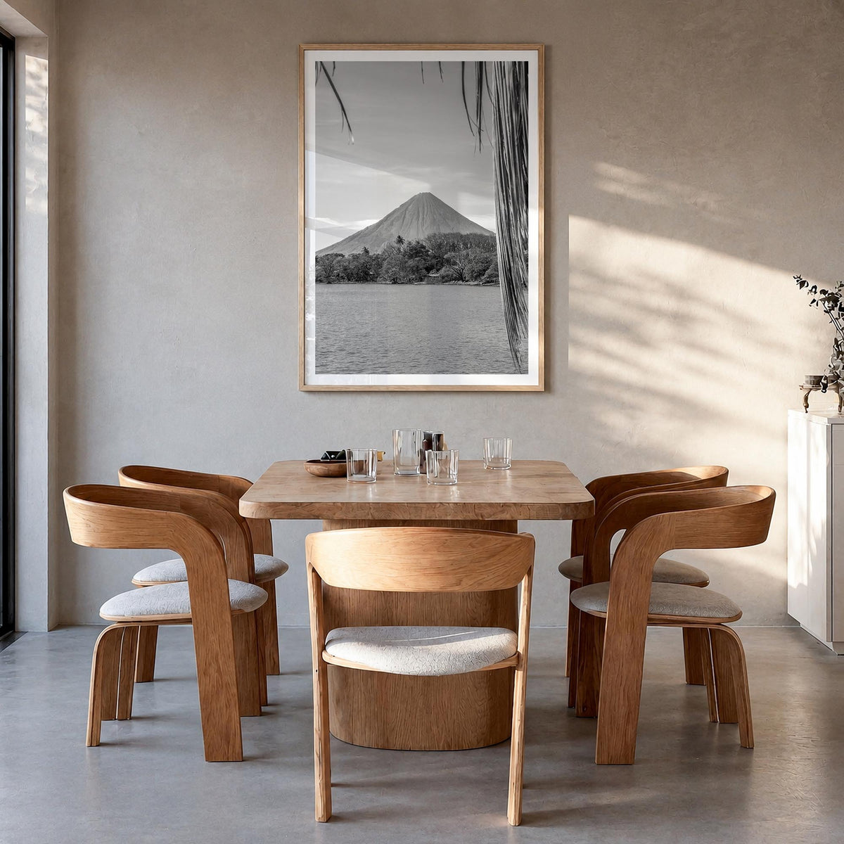 Nicaragua black & white photo poster of Central America – vertical wall art in natural wood frame with white border, hanging 