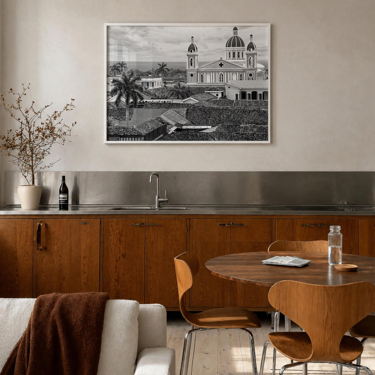 Nicaragua black & white photo poster of Central America – horizontal wall art in white wood frame, hanging on wall