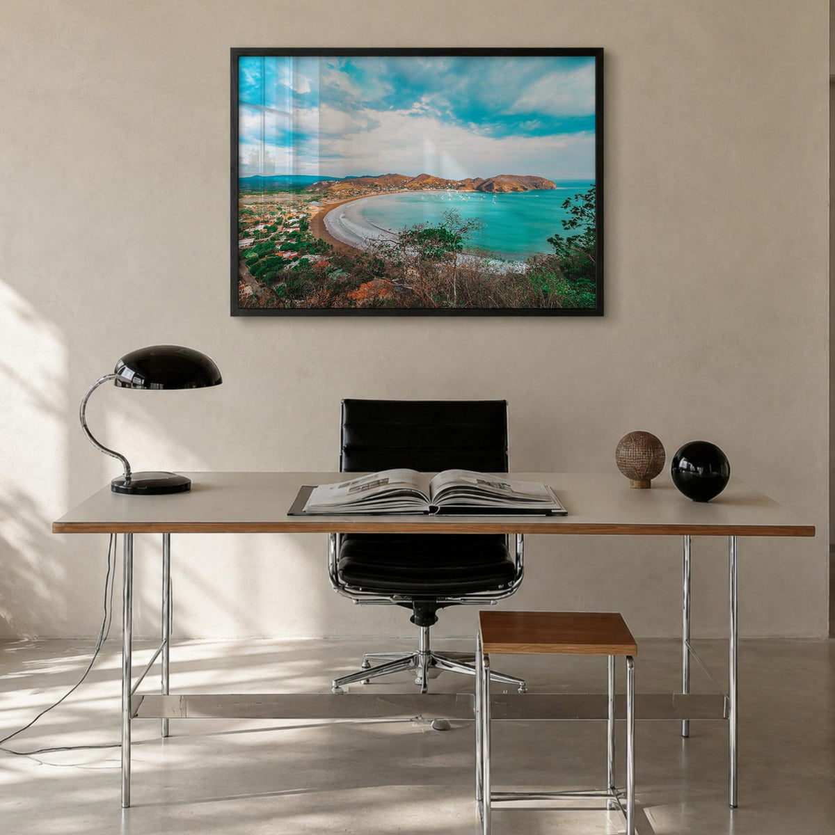 Nicaragua colorful photo poster of Central America – horizontal wall art in black wood frame, hanging on wall