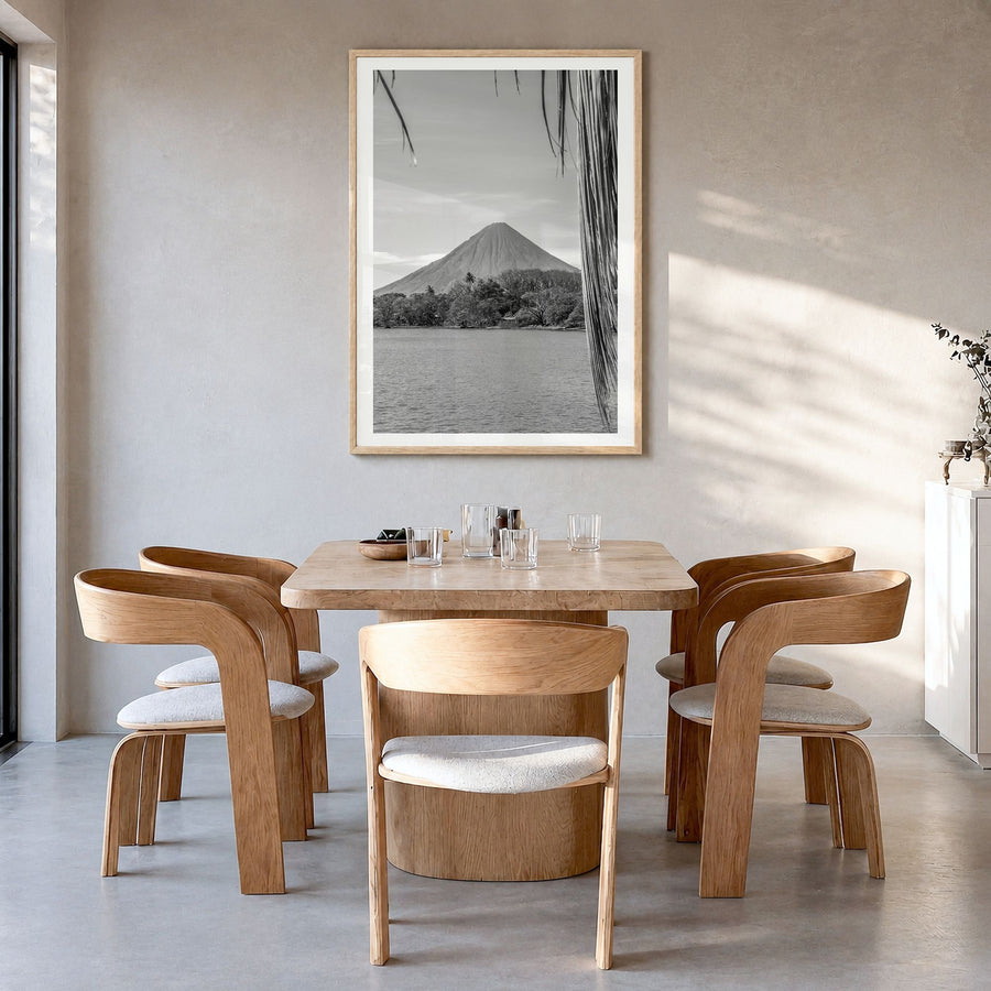 Nicaragua Photo Poster in a natural wood frame, hanging in a dining room, white border