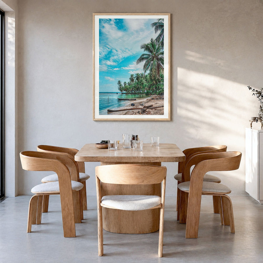 Nicaragua Photo Poster in a natural wood frame, hanging in a dining room, white border