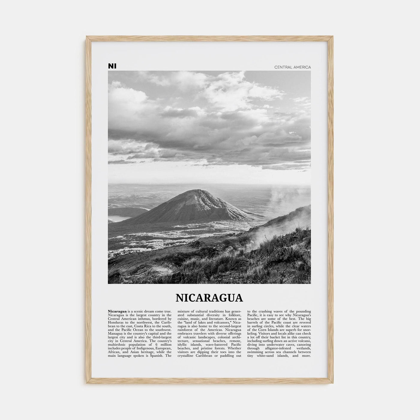 Nicaragua Poster Natural Wood / 8x12 in Nbourhood Travel B&W Poster