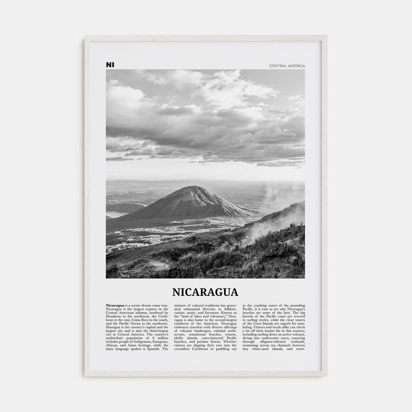 Nicaragua Poster White Wood / 8x12 in Nbourhood Travel B&W Poster