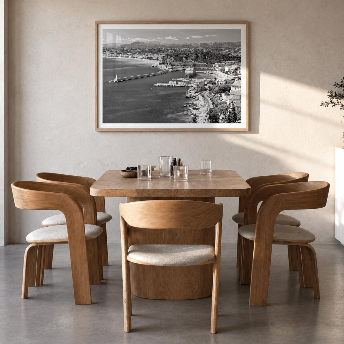 Nice black & white photo poster of France – horizontal wall art in natural wood frame with white border, hanging on wall