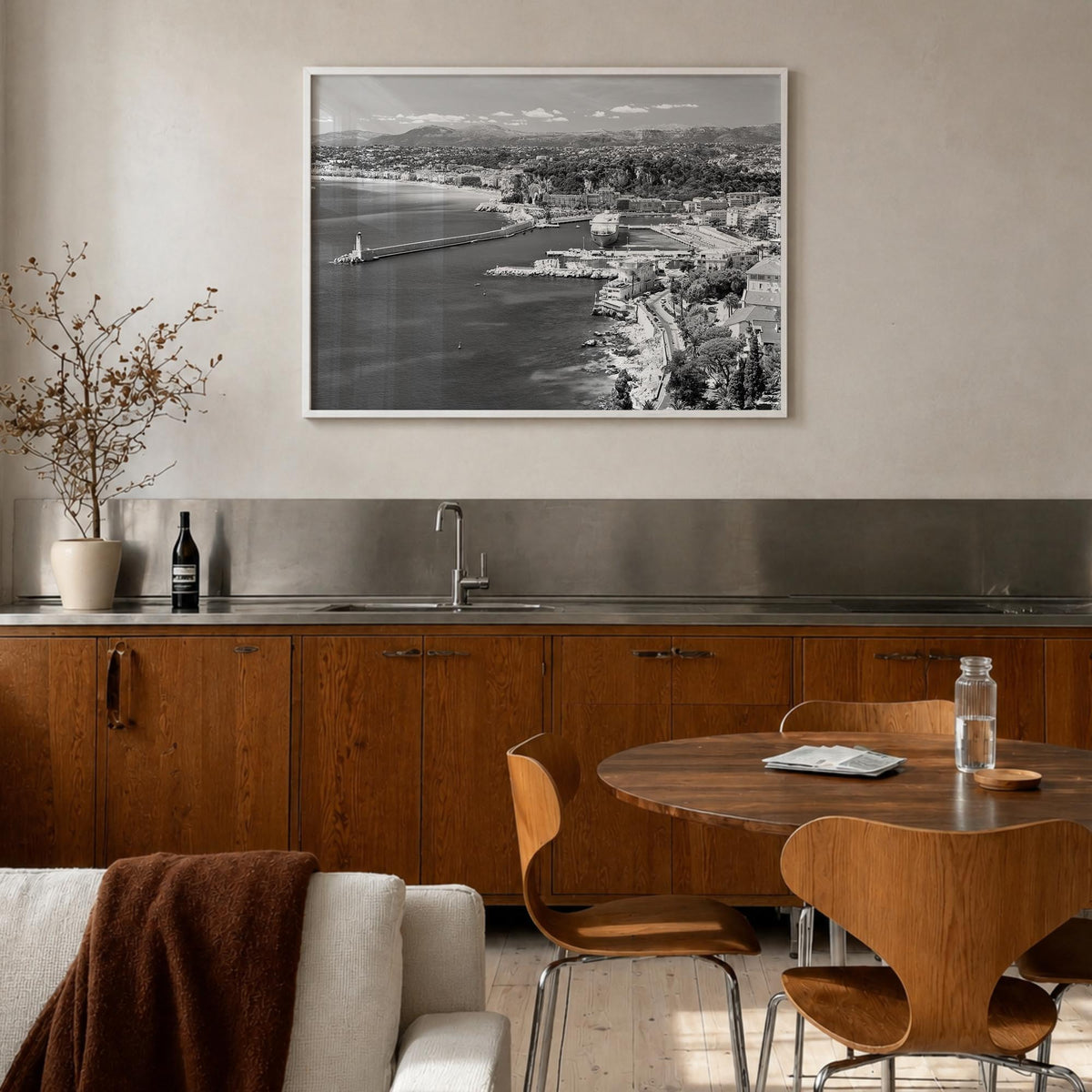 Nice black & white photo poster of France – horizontal wall art in white wood frame, hanging on wall