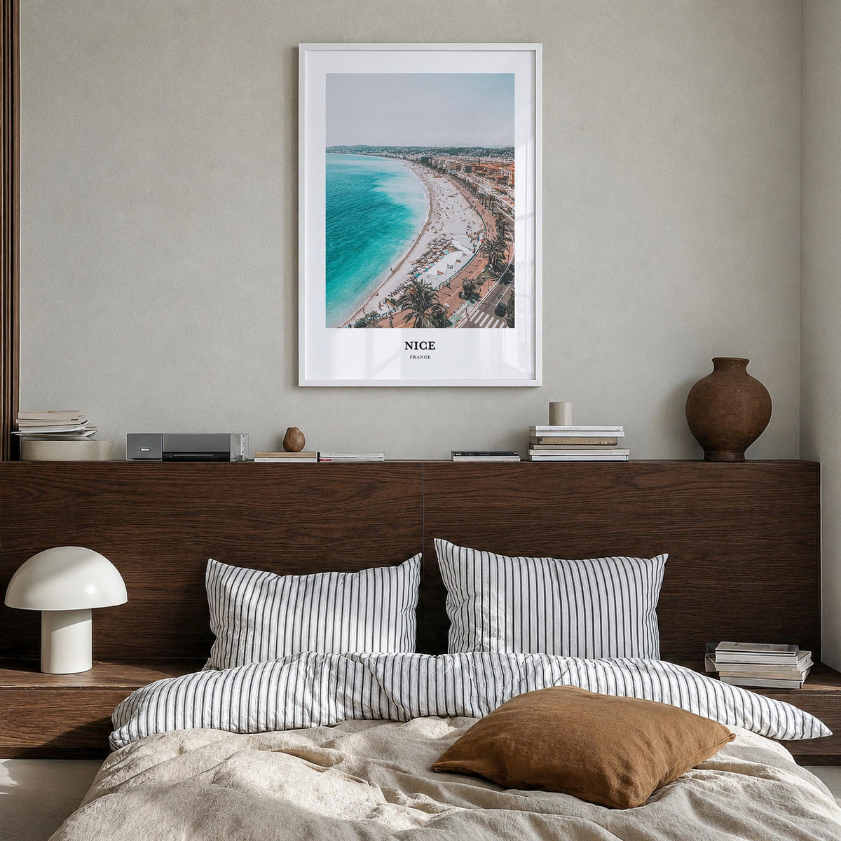 Nice colorful classic poster of France – vertical wall art in white wood frame, hanging on wall