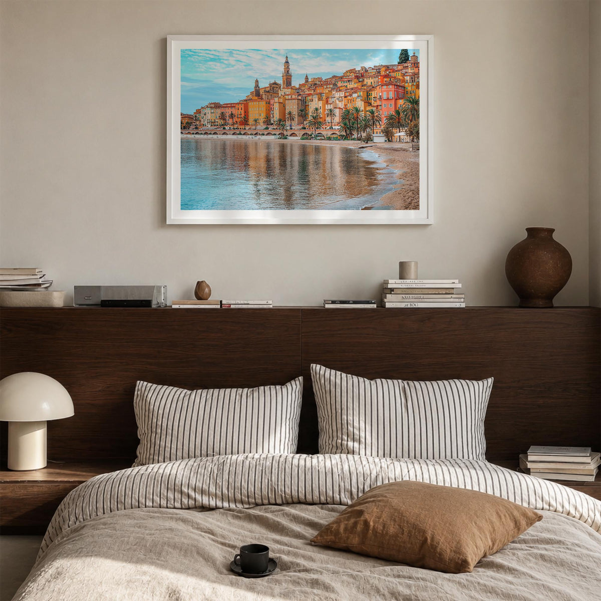 Nice colorful photo poster of France – horizontal wall art in white wood frame with white border, hanging on wall