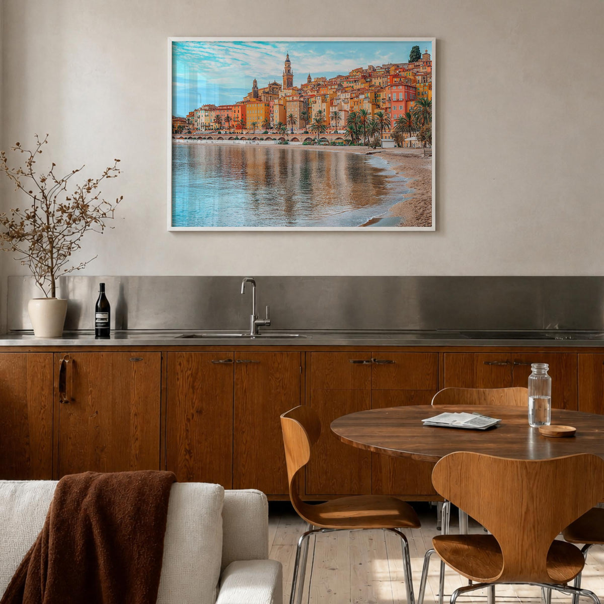 Nice colorful photo poster of France – horizontal wall art in white wood frame, hanging on wall