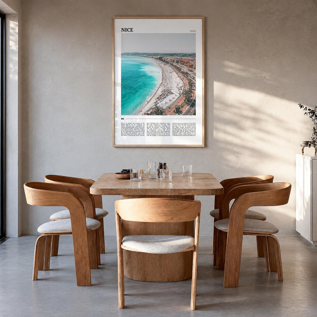 Nice colorful travel poster of France – vertical wall art in natural wood frame, hanging on wall