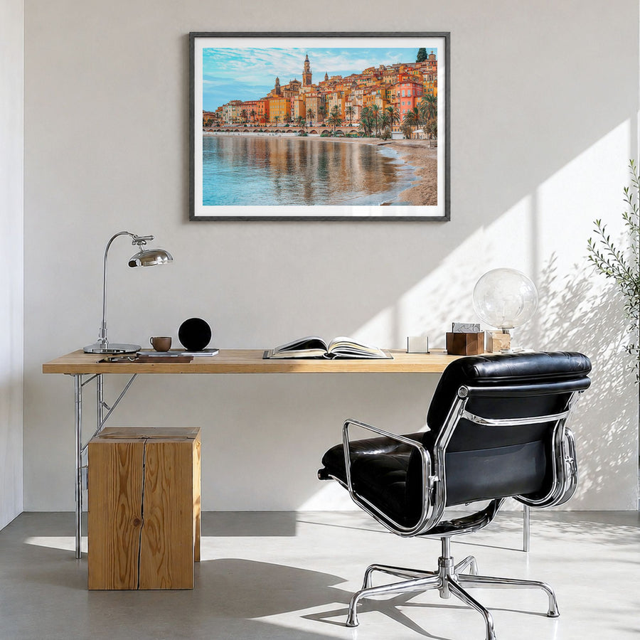 Nice Photo Poster in a black wood frame, hanging in a bright home office, white border