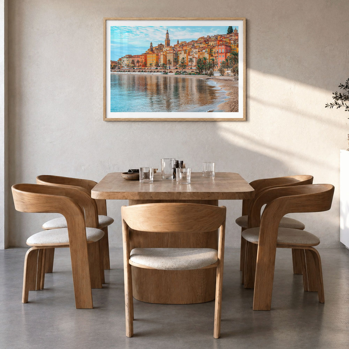 Nice Photo Poster in a natural wood frame, hanging in a dining room, white border