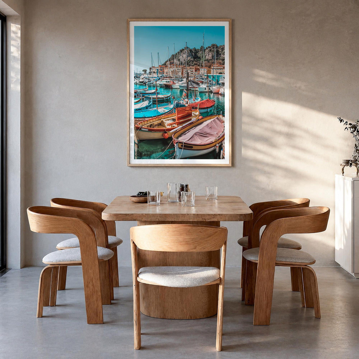 Nice no. 2 colorful photo poster of France – vertical wall art in natural wood frame with white border, hanging on wall