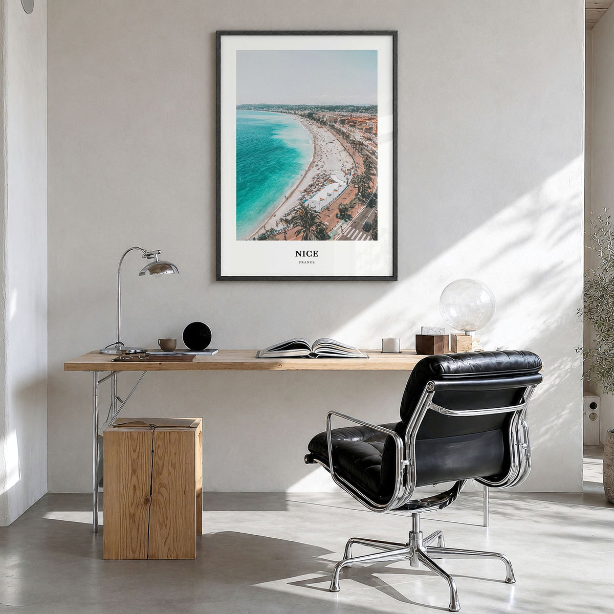 Nice Classic Poster in a black wood frame, hanging in a bright home office