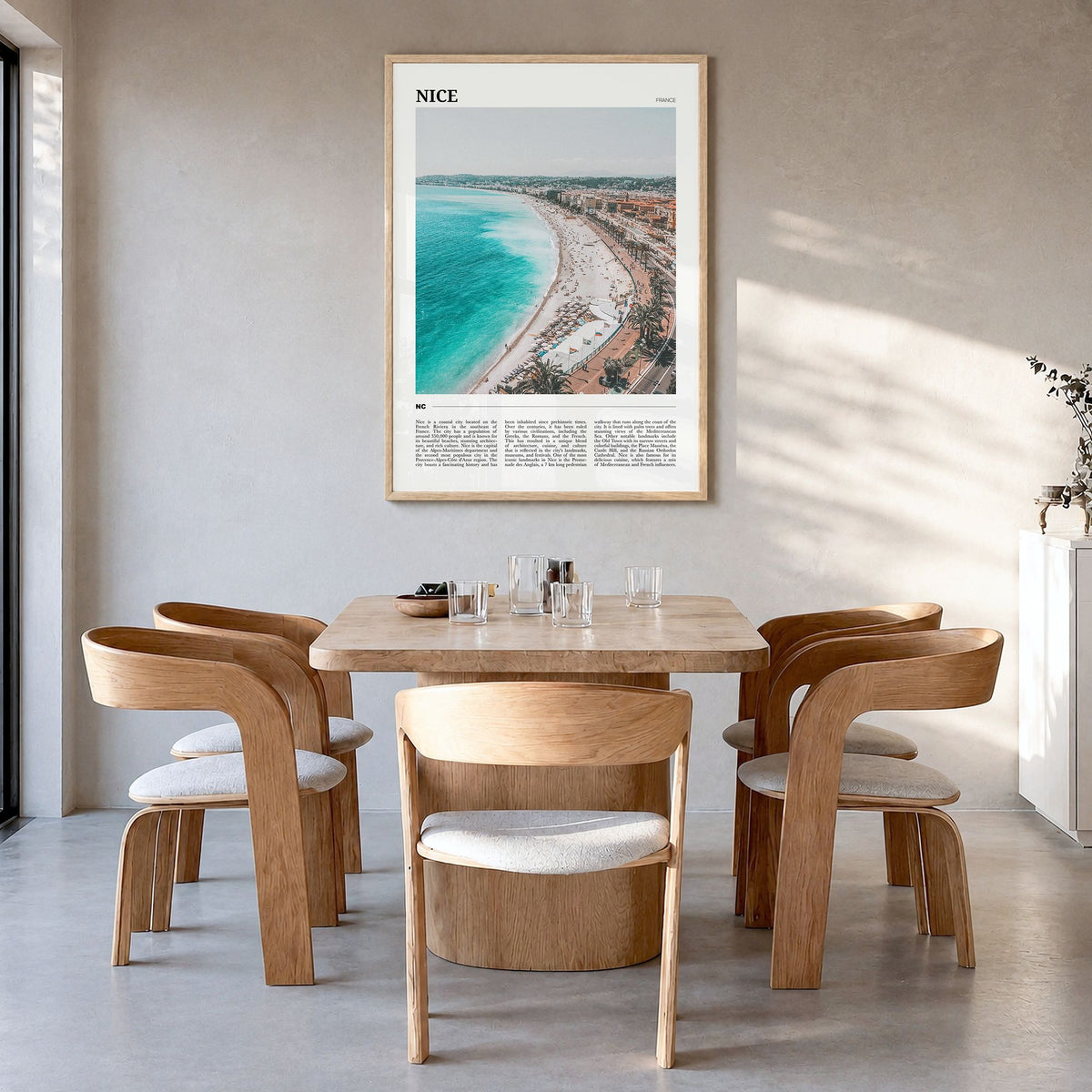 Nice Travel Poster in a natural wood frame, hanging in a dining room