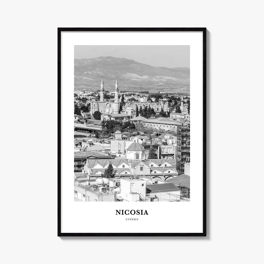 Nicosia black & white classic poster of Cyprus – vertical wall art, unframed print shown in interior mockup