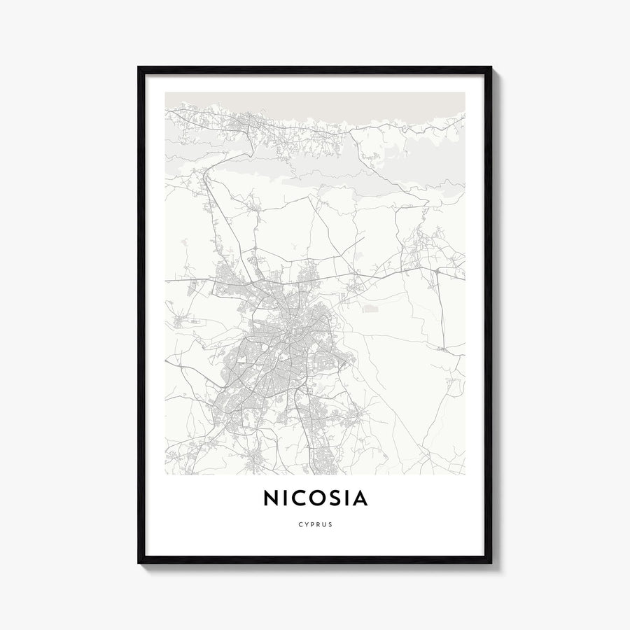 Nicosia black & white map poster of Cyprus – vertical wall art, unframed print shown in interior mockup