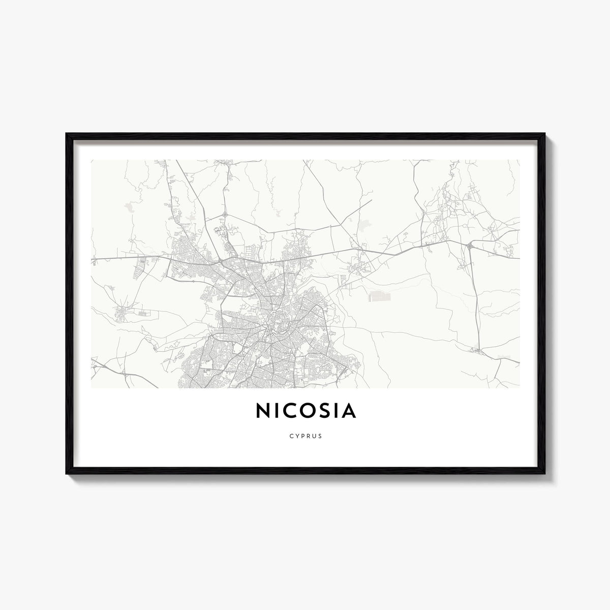 Nicosia black & white map poster of Cyprus – horizontal wall art, unframed print shown in interior mockup
