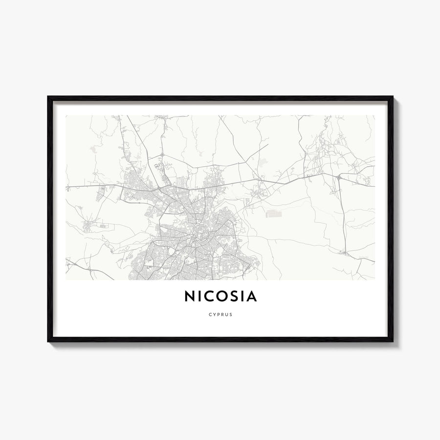 Nicosia black & white map poster of Cyprus – horizontal wall art, unframed print shown in interior mockup
