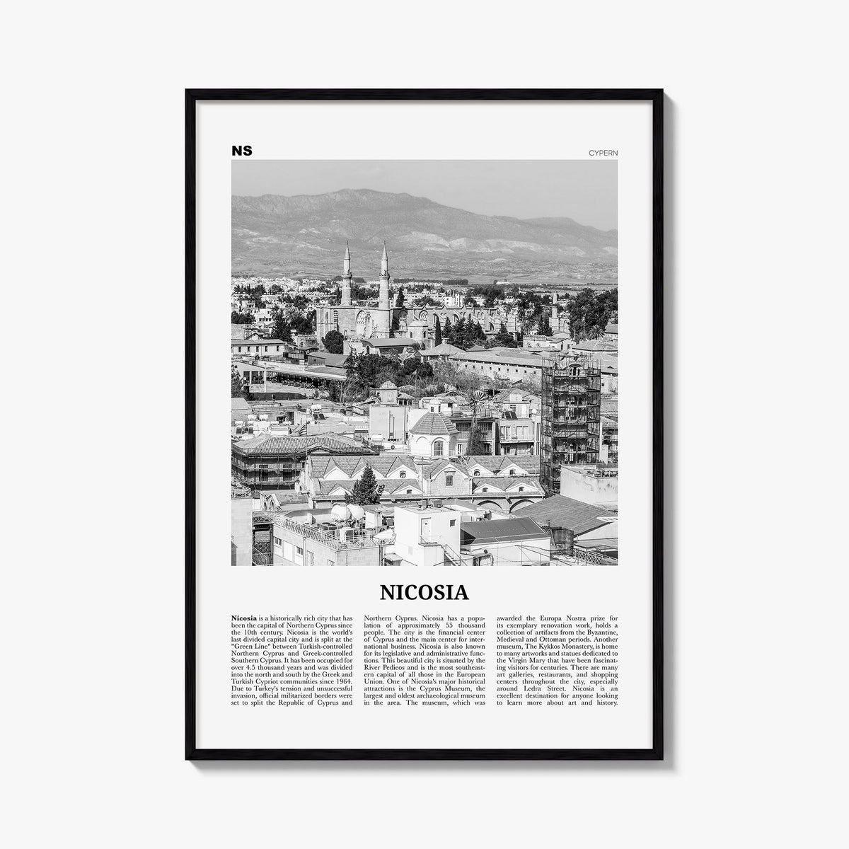 Nicosia black & white newspaper poster of Cyprus – vertical wall art, unframed print shown in interior mockup