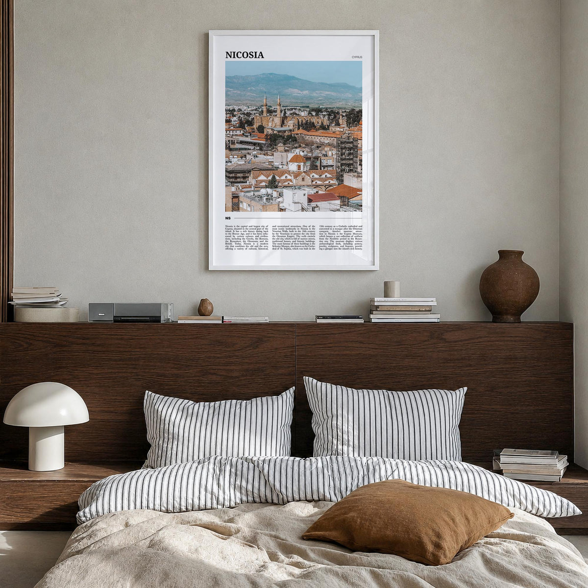Nicosia colorful travel poster of Cyprus – vertical wall art in white wood frame, hanging on wall