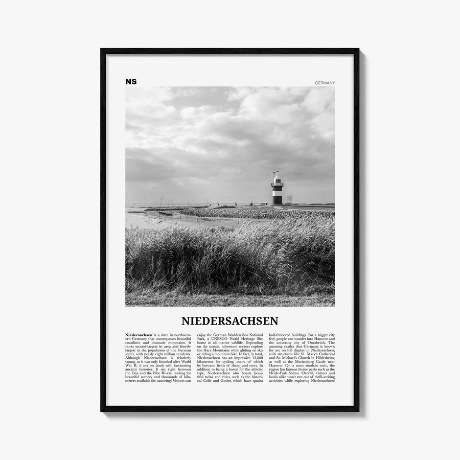 Niedersachsen black & white newspaper poster of Germany – vertical wall art, unframed print shown in interior mockup