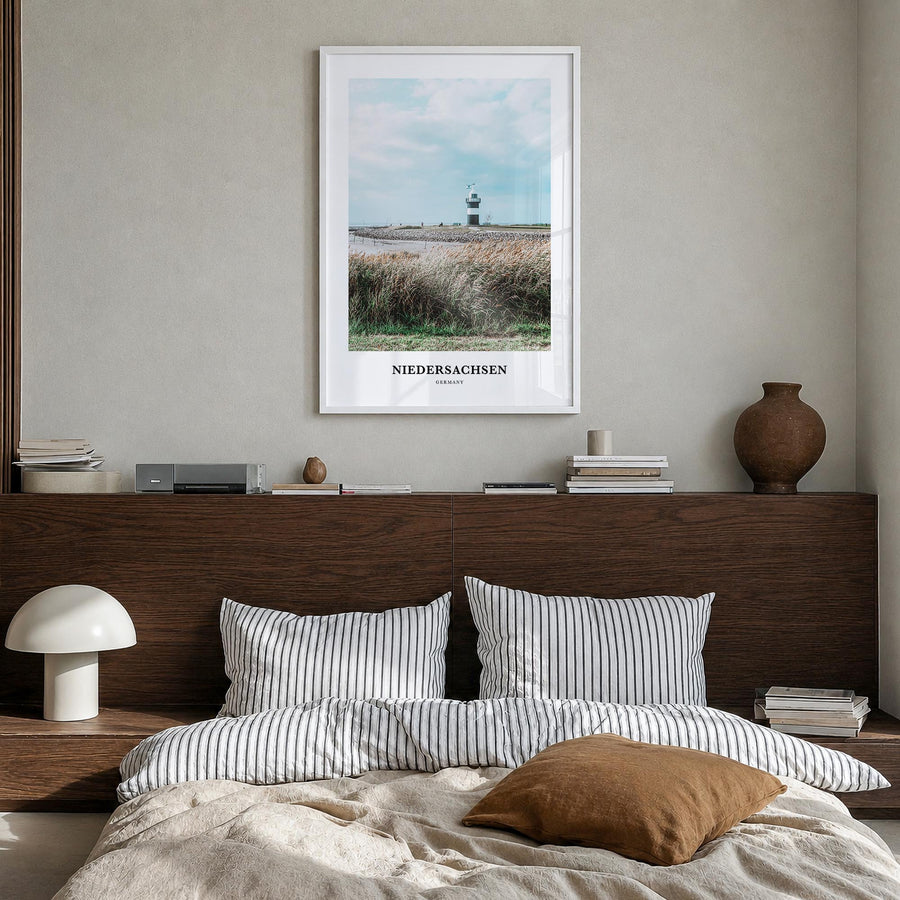Niedersachsen colorful classic poster of Germany – vertical wall art in white wood frame, hanging on wall