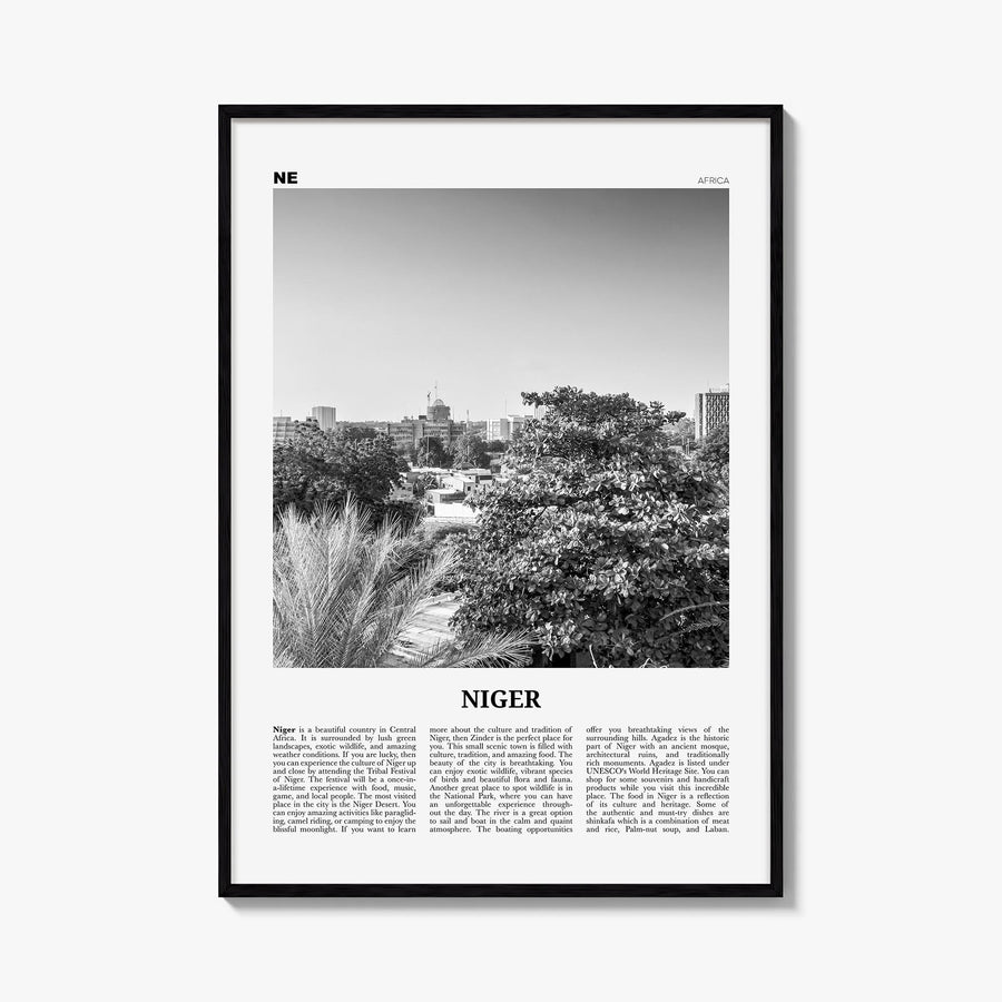 Niger black & white newspaper poster of Africa – vertical wall art, unframed print shown in interior mockup