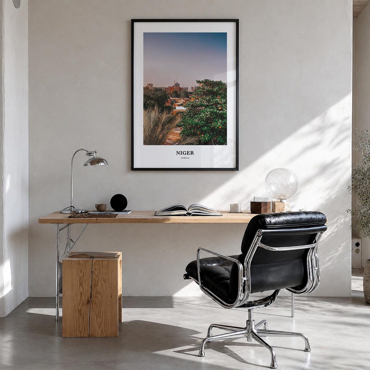 Niger colorful classic poster of Africa – vertical wall art in black wood frame, hanging on wall