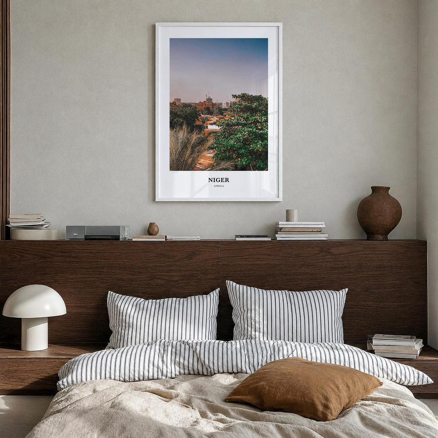 Niger colorful classic poster of Africa – vertical wall art in white wood frame, hanging on wall