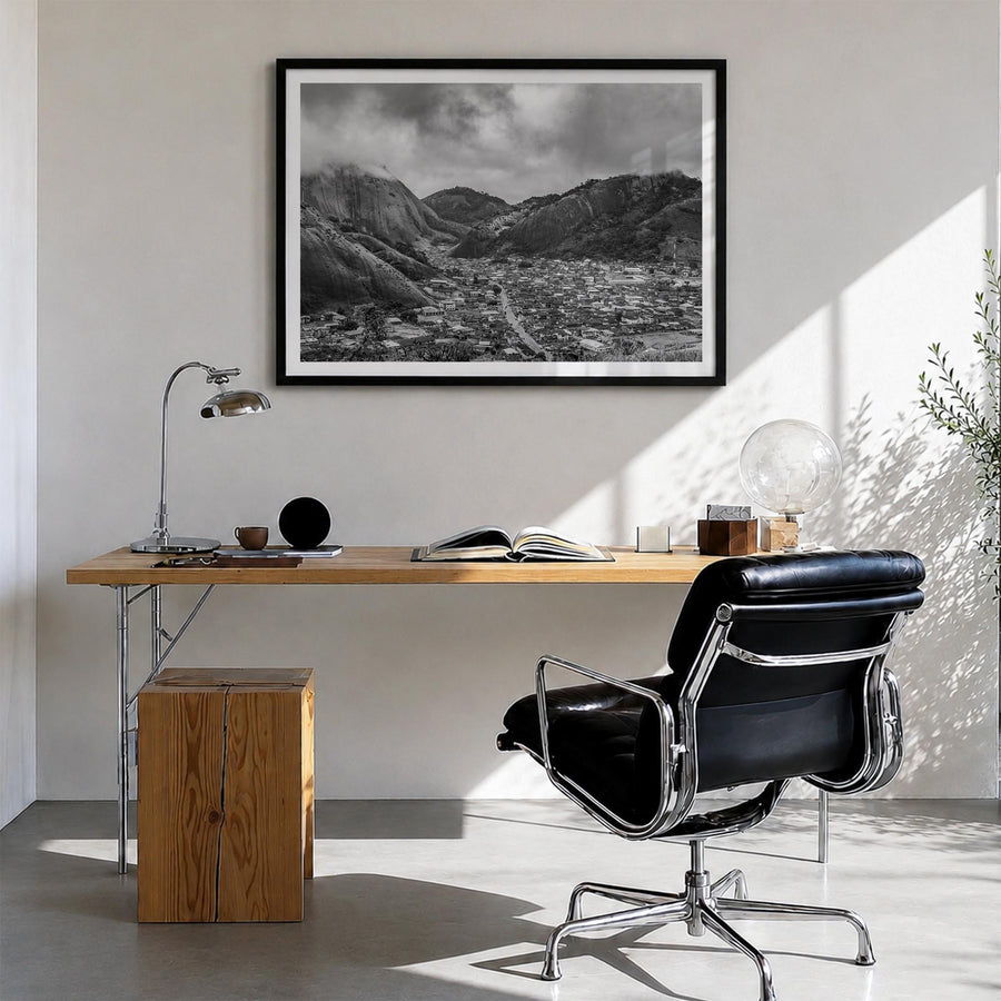 Nigeria black & white photo poster of Africa – horizontal wall art in black wood frame with white border, hanging on wall