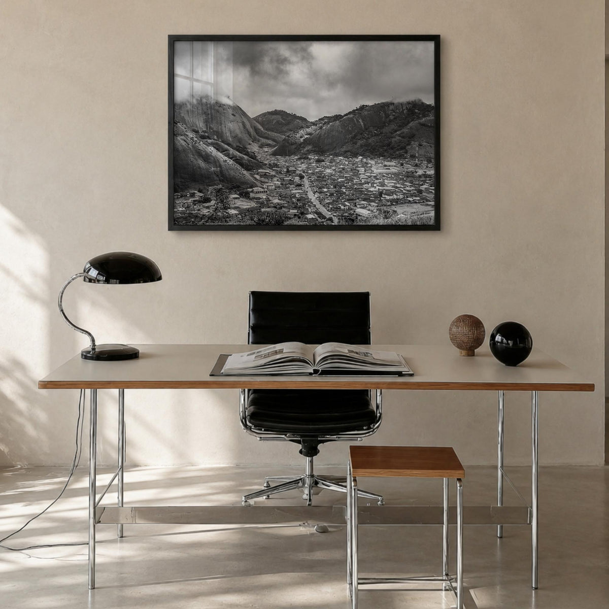 Nigeria black & white photo poster of Africa – horizontal wall art in black wood frame, hanging on wall