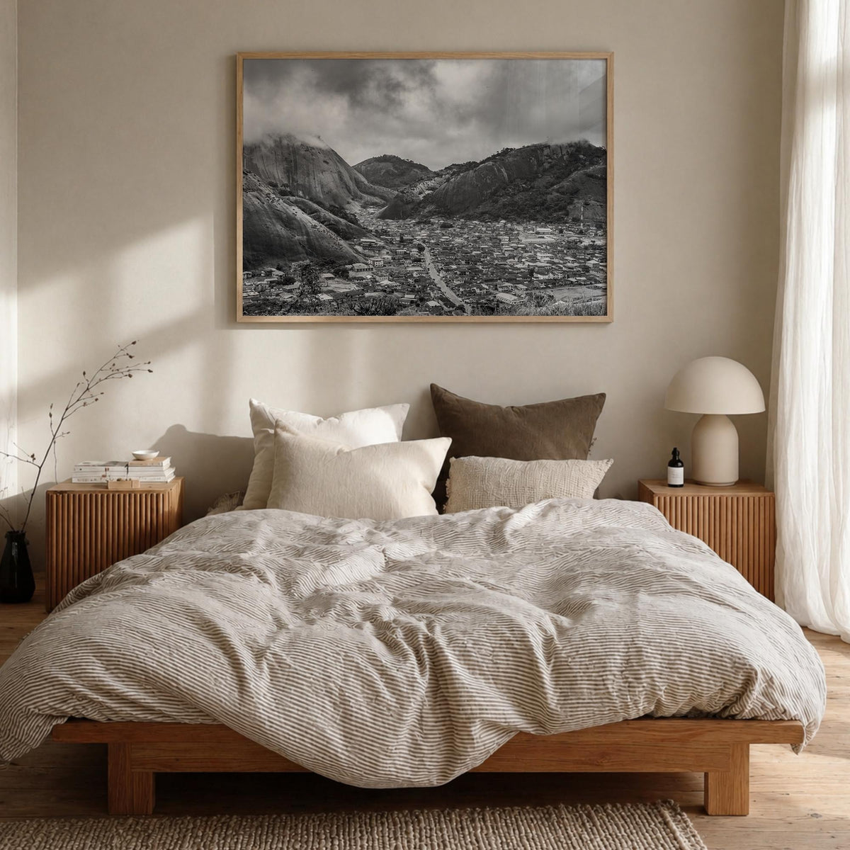 Nigeria black & white photo poster of Africa – horizontal wall art in natural wood frame, hanging on wall