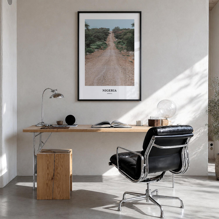 Nigeria colorful classic poster of Africa – vertical wall art in black wood frame, hanging on wall