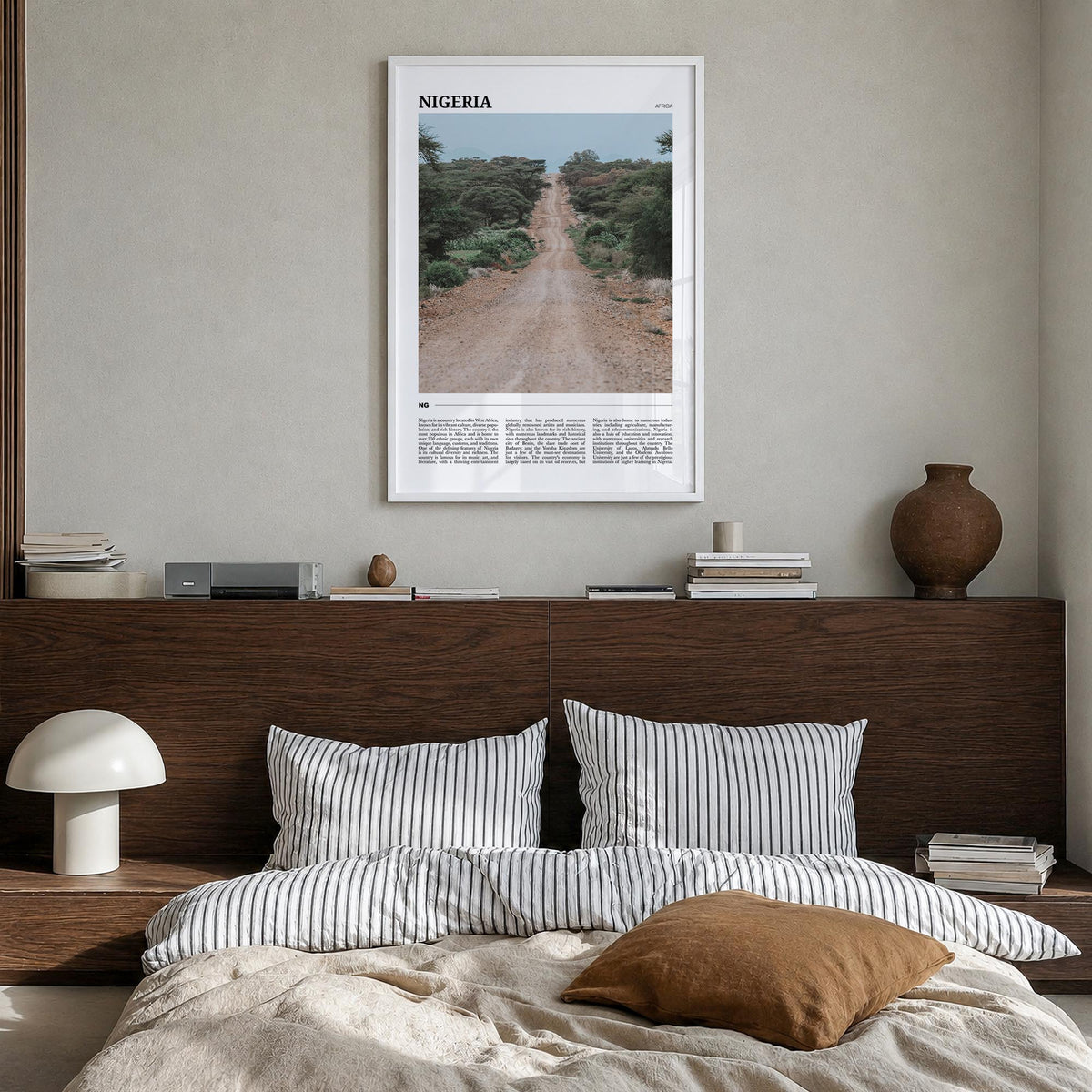 Nigeria colorful travel poster of Africa – vertical wall art in white wood frame, hanging on wall