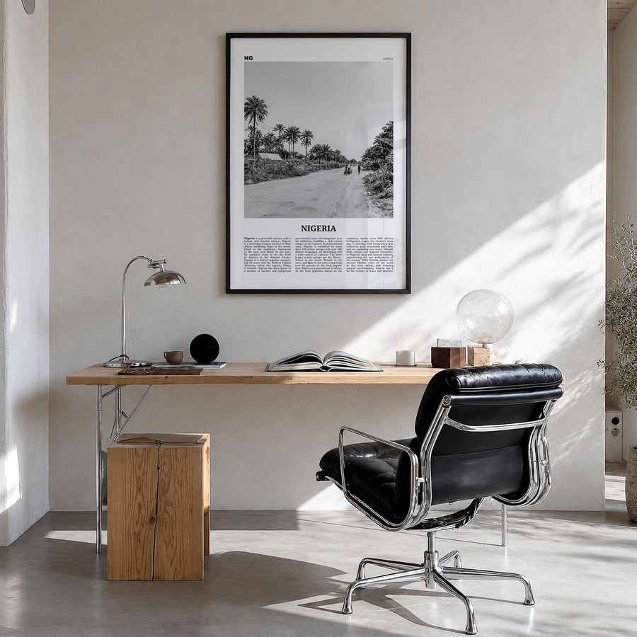 Nigeria no. 1 black & white newspaper poster of Africa – vertical wall art in black wood frame, hanging on wall