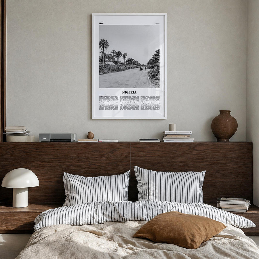 Nigeria no. 1 black & white newspaper poster of Africa – vertical wall art in white wood frame, hanging on wall