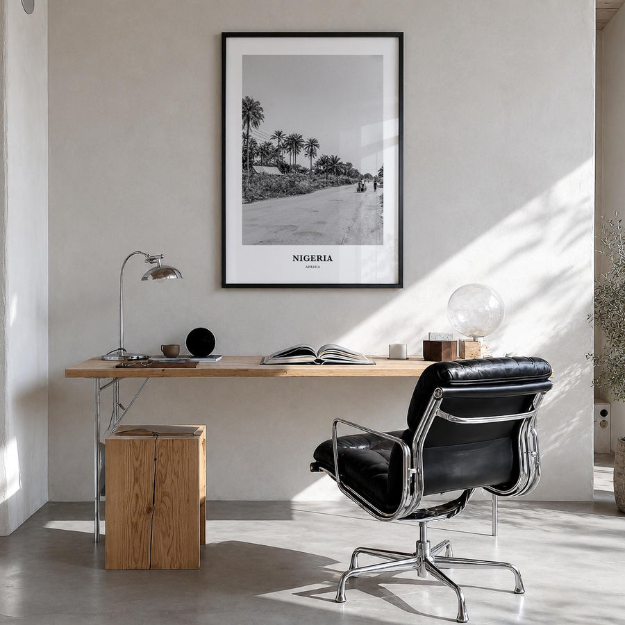 Nigeria no. 2 black & white classic poster of Africa – vertical wall art in black wood frame, hanging on wall
