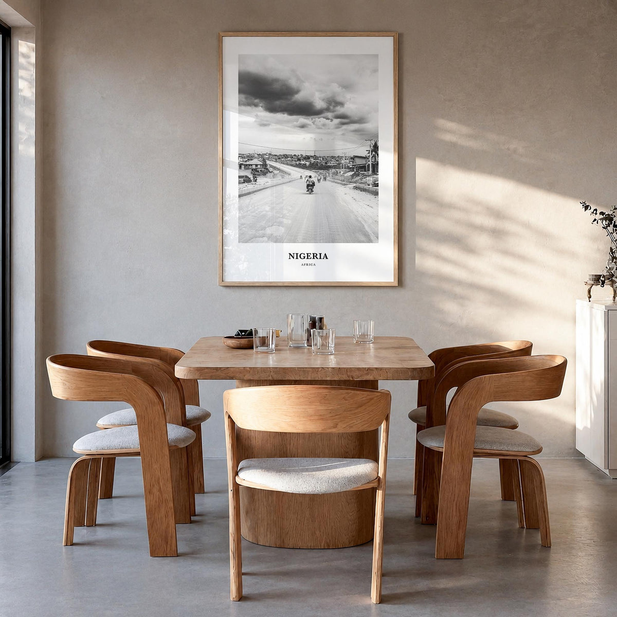 Nigeria no. 3 black & white classic poster of Africa – vertical wall art in natural wood frame, hanging on wall
