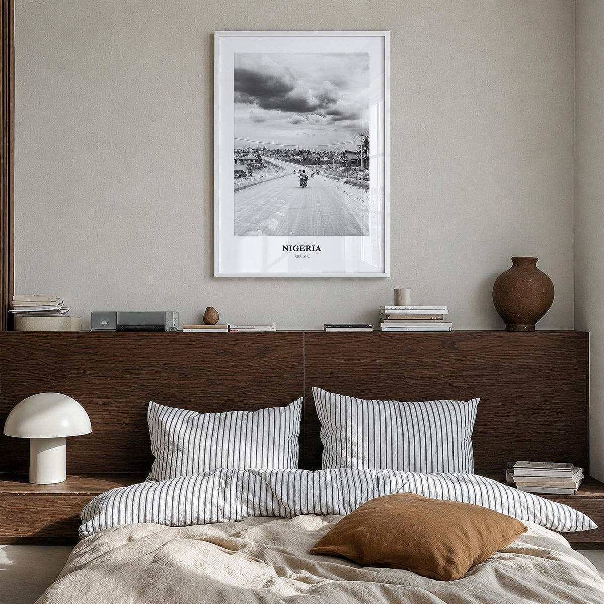 Nigeria no. 3 black & white classic poster of Africa – vertical wall art in white wood frame, hanging on wall