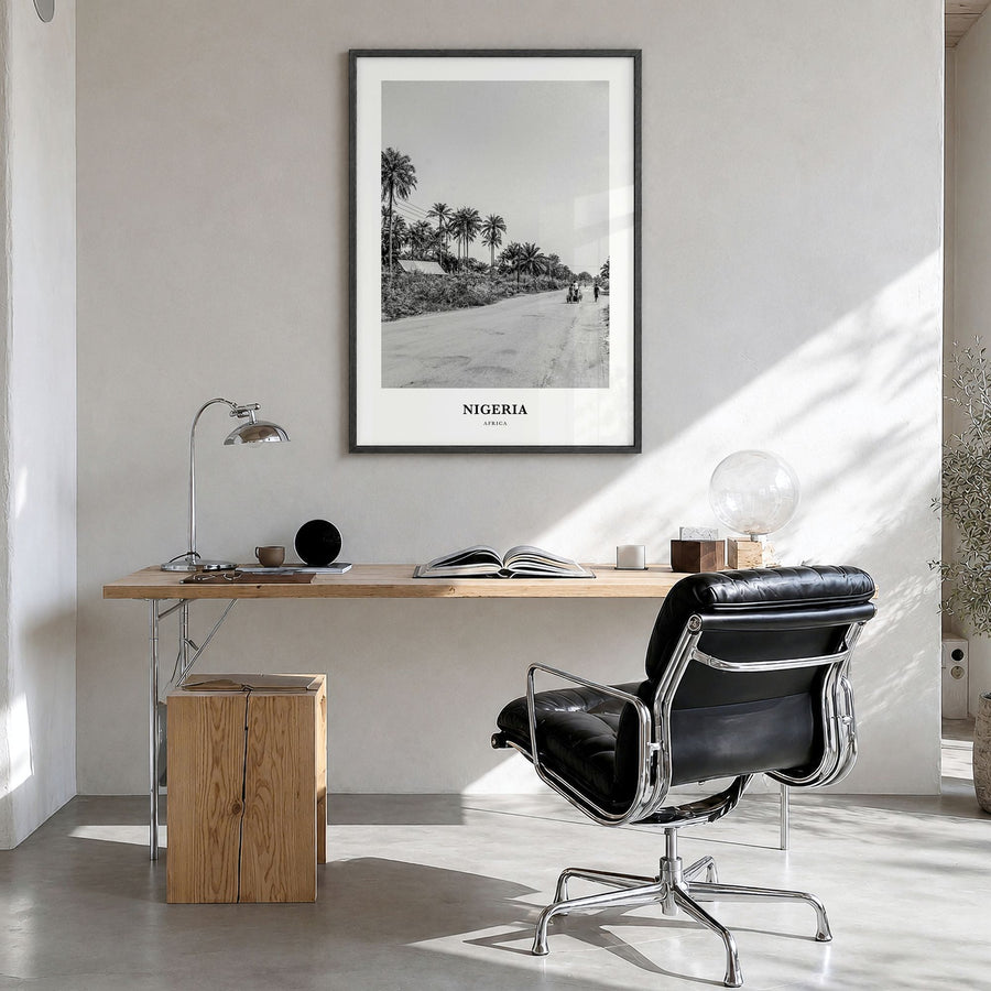 Nigeria Classic No 2 Poster in a black wood frame, hanging in a bright home office