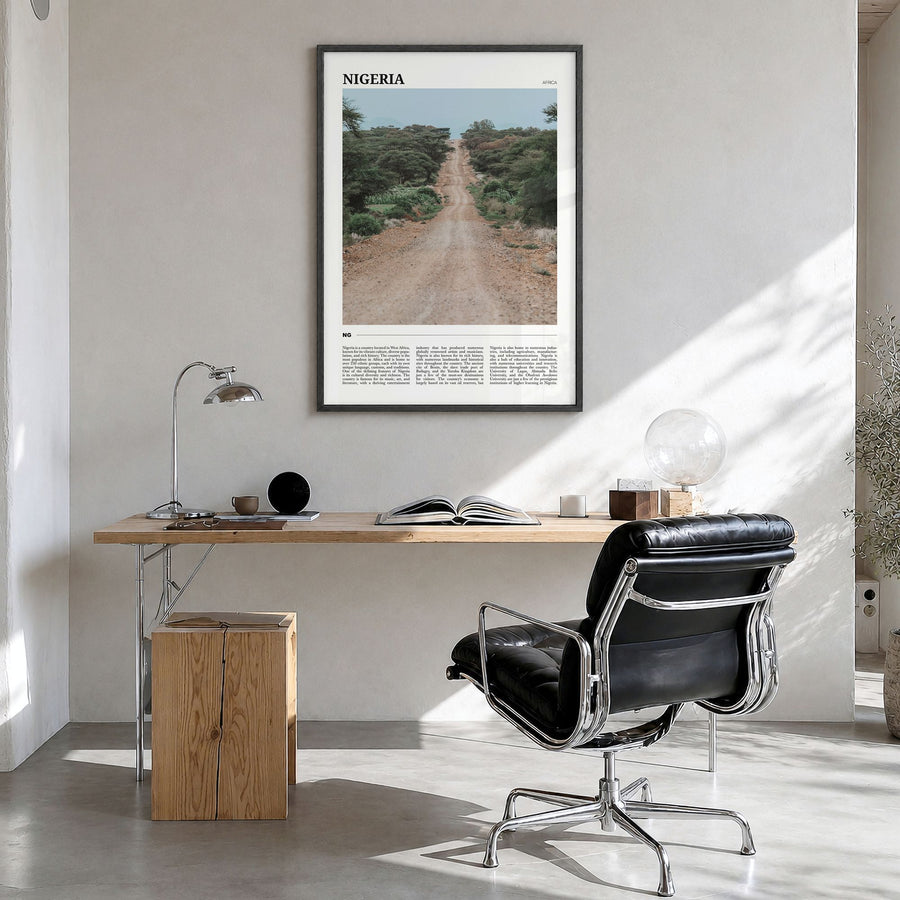 Nigeria Travel Poster in a black wood frame, hanging in a bright home office